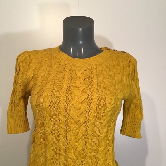 Banana Republic Short Sleeve Mustard Yellow Cable Knit Sweater Size XS - Picture 2 of 9